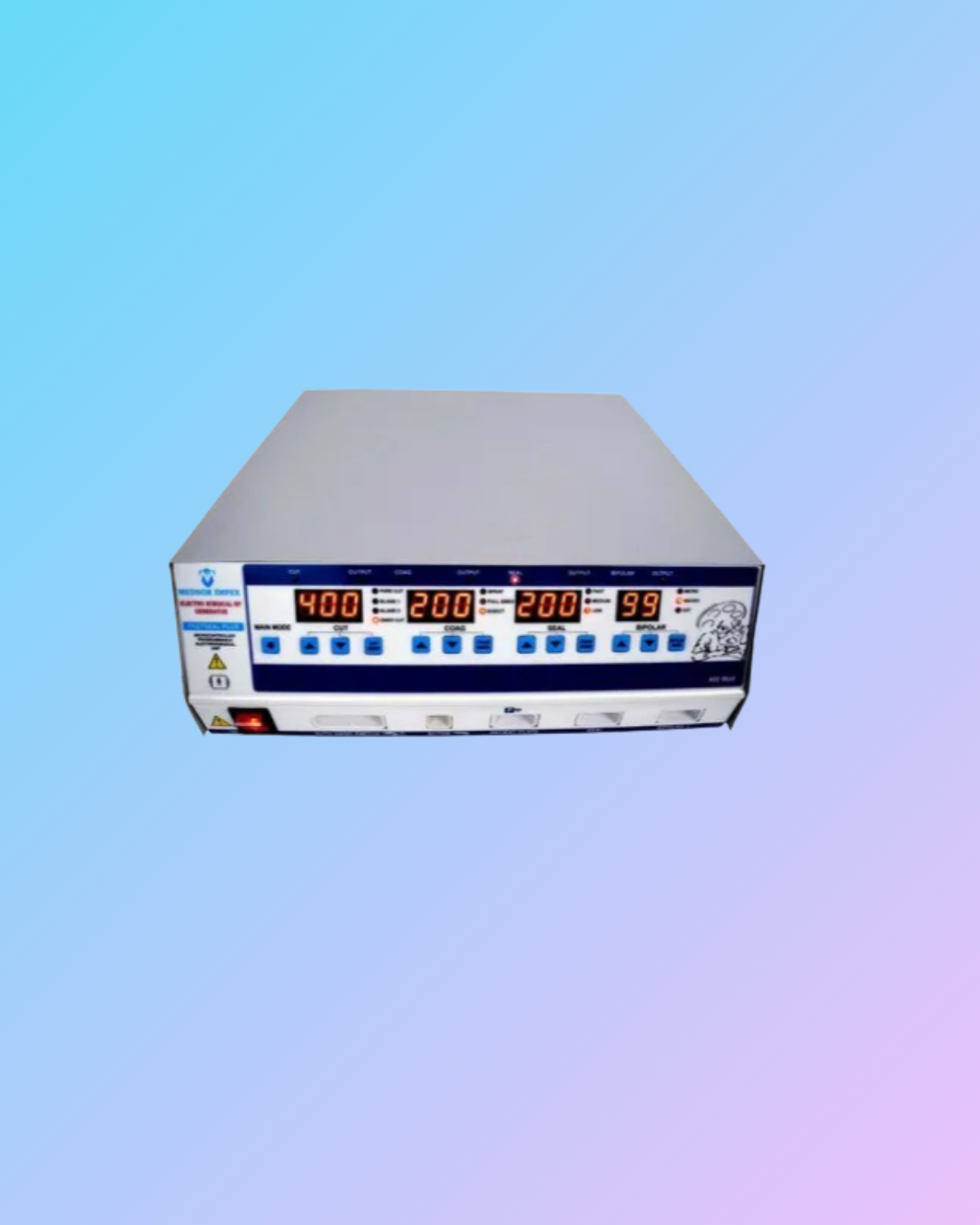 Electrosurgical generator in a medical setting, with control panel and display screen, used for surgical procedures.