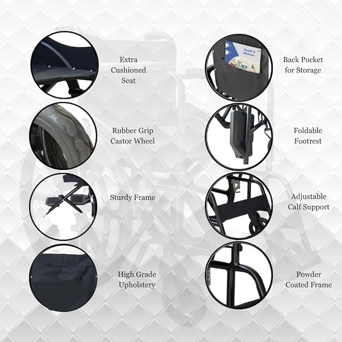 Foldable Wheelchair for Home Use with Chrome Finish, Walking Stick & Dual Brake System