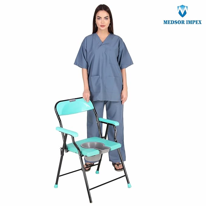 Medsor Impex Folding Commode Over Toilet, Bedside Commode Chair, Shower Seat with Removable Bucket, Sturdy, Comfortable & Easy to clean Plastic Seat, Suitable for Old People, Pregnant Women, Disabled Individuals