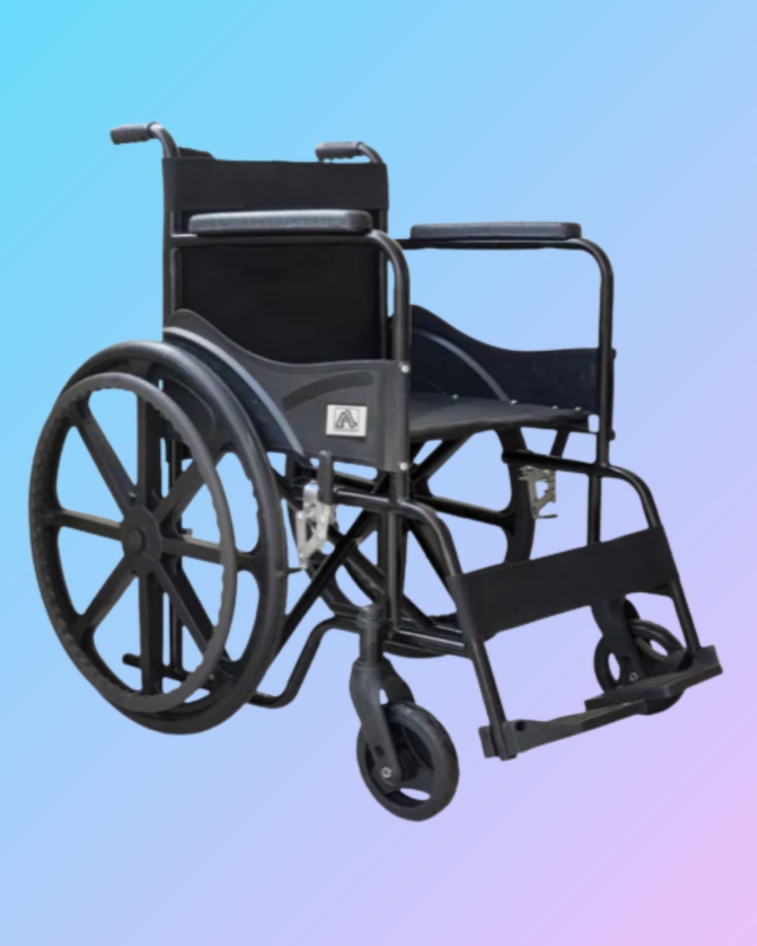 Foldable hospital wheelchair with black frame and cushioned seat, designed for easy mobility and patient comfort.