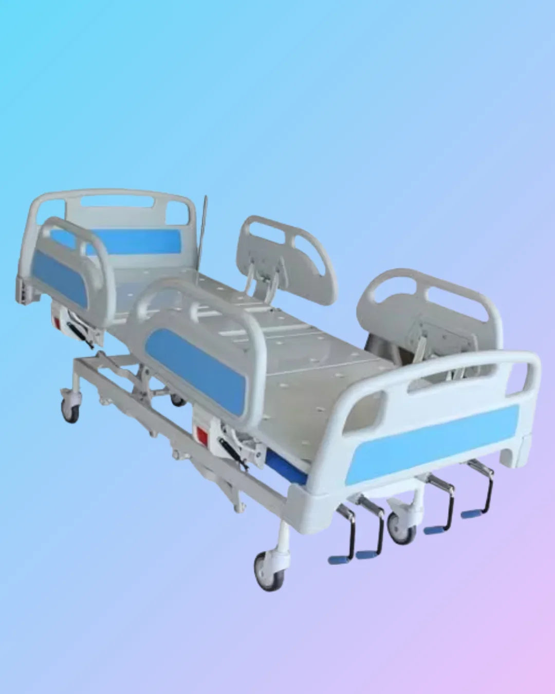 Mechanical ICU bed with 5 functions, ABS head and foot bows, designed for intensive care units.
