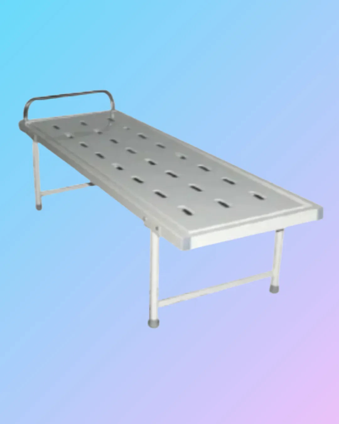 Hospital attendant bed with adjustable side rails and wheels, designed for patient care and comfort.
