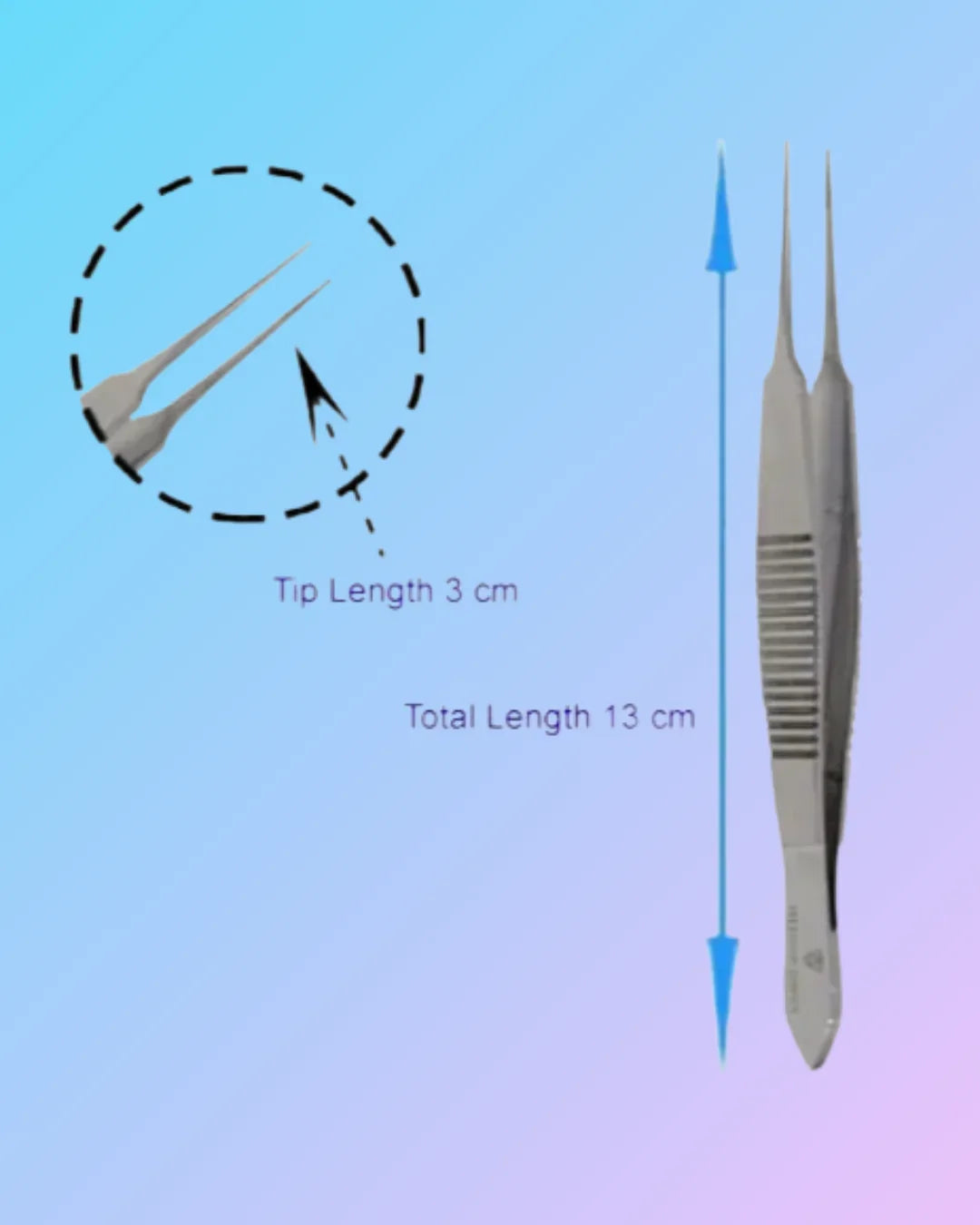 Straight stainless steel hair transplant forceps, 13.5 cm, designed for precise hair follicle handling in transplant procedures.