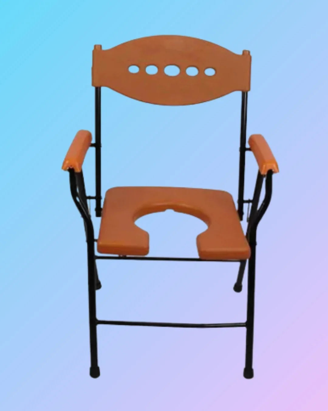 Heavy-duty commode chair with folding design, adjustable chair position, and backrest for comfort and support.