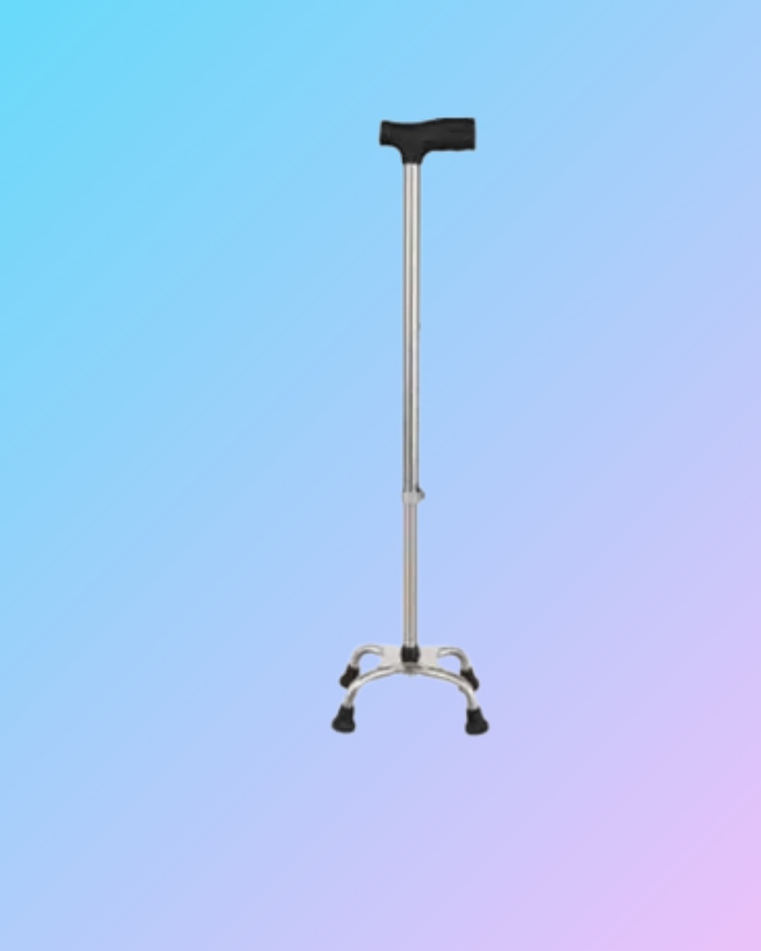 Quadripod walking stick with four sturdy legs, designed for extra stability and support, featuring a comfortable handle.