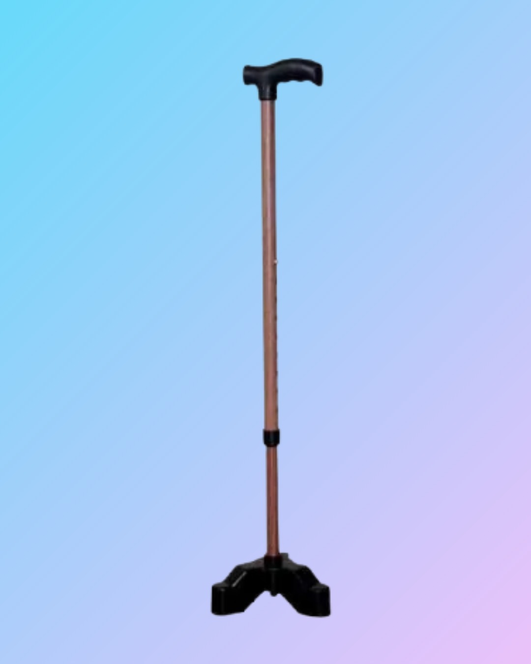 Three-legged walking stick tripod with adjustable height and rubber feet, designed for stability and support during walks.