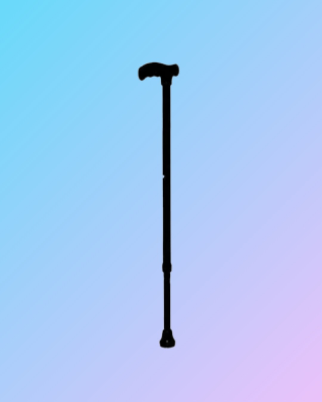 Black walking stick with ergonomic handle, designed for support and stability, featuring a sleek, lightweight construction.
