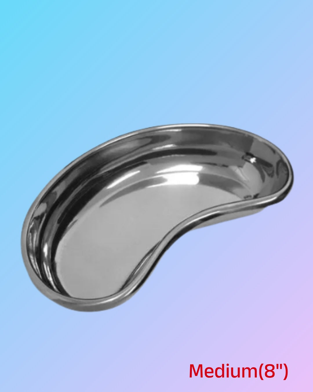 Stainless steel kidney tray with rounded edges and reflective surface, used for medical or laboratory purposes.