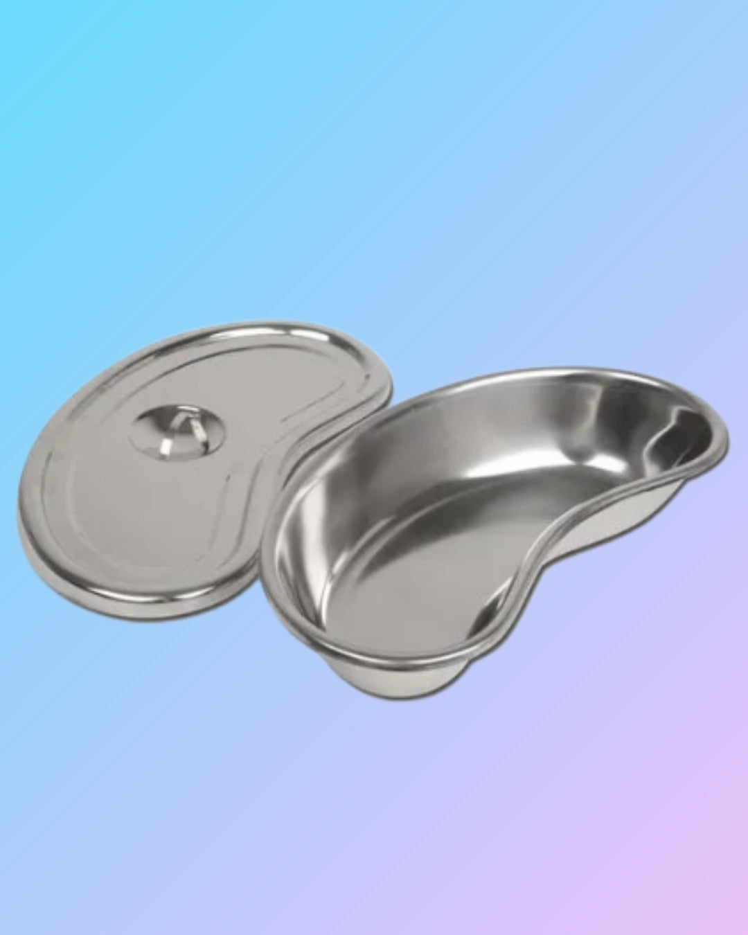 Stainless steel kidney tray with cover, used for medical or laboratory purposes, clean and shiny surface.