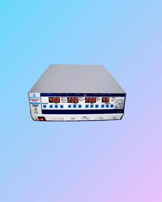 Electrosurgical generator in a medical setting, with control panel and display screen, used for surgical procedures.