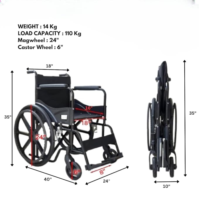 Foldable Wheelchair for Home Use with Chrome Finish, Walking Stick & Dual Brake System