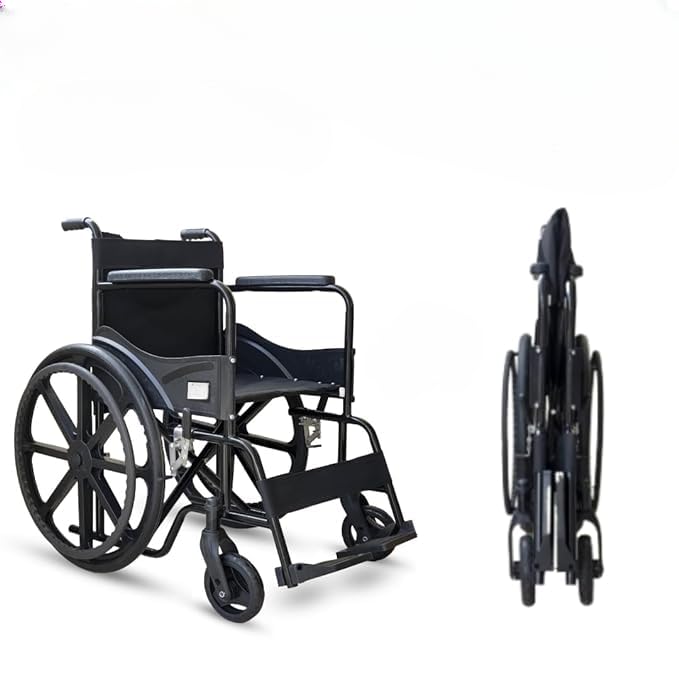 Foldable Wheelchair for Home Use with Chrome Finish, Walking Stick & Dual Brake System