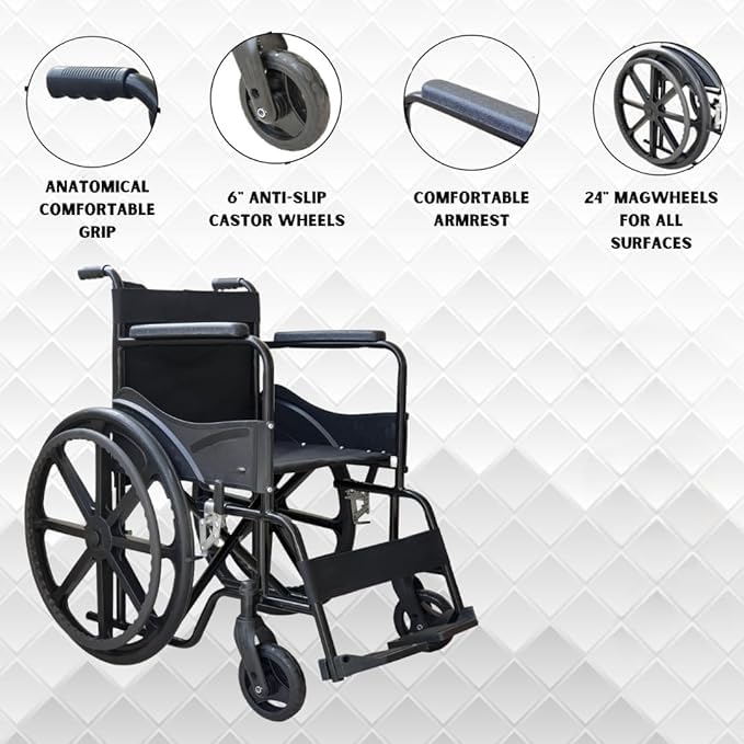 Foldable Wheelchair for Home Use with Chrome Finish, Walking Stick & Dual Brake System