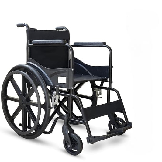 Foldable Wheelchair for Home Use with Chrome Finish, Walking Stick & Dual Brake System
