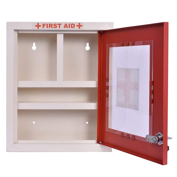 MEDSOR IMPEX Metal Emergency First Aid Box for Home/School/Office with Key Lock/Medical Box/Medicine Box/First Aid Kit Box/Multi Compartment Medicine Organizer Box (Lockable) - (Red & Ivory)