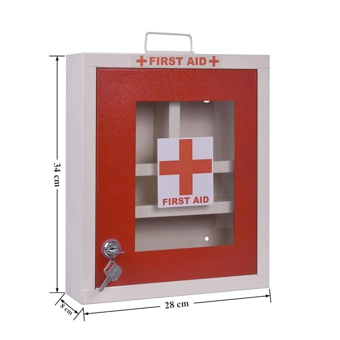 MEDSOR IMPEX Metal Emergency First Aid Box for Home/School/Office with Key Lock/Medical Box/Medicine Box/First Aid Kit Box/Multi Compartment Medicine Organizer Box (Lockable) - (Red & Ivory)