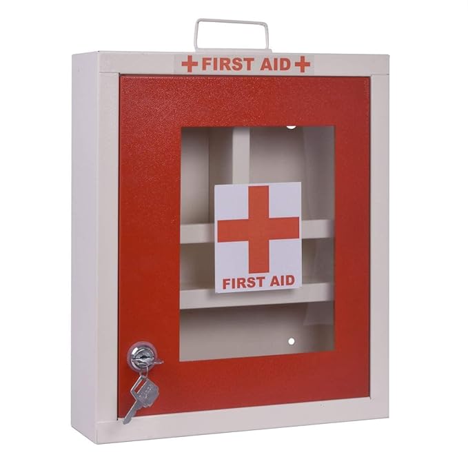 MEDSOR IMPEX Metal Emergency First Aid Box for Home/School/Office with Key Lock/Medical Box/Medicine Box/First Aid Kit Box/Multi Compartment Medicine Organizer Box (Lockable) - (Red & Ivory)