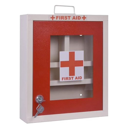 MEDSOR IMPEX Metal Emergency First Aid Box for Home/School/Office with Key Lock/Medical Box/Medicine Box/First Aid Kit Box/Multi Compartment Medicine Organizer Box (Lockable) - (Red & Ivory)