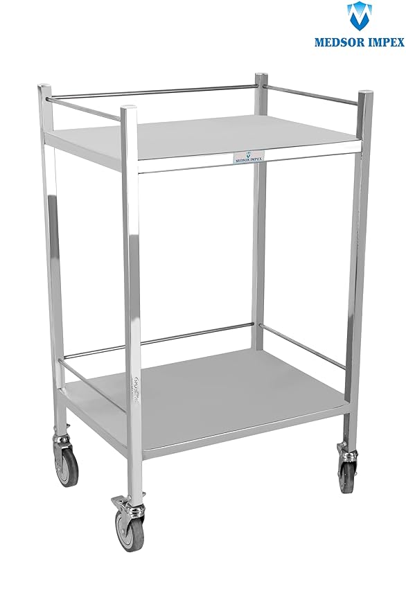 Medsor Impex Stainless Steel Instrument Trolley, Utility Cart with 2 Shelves with Castors