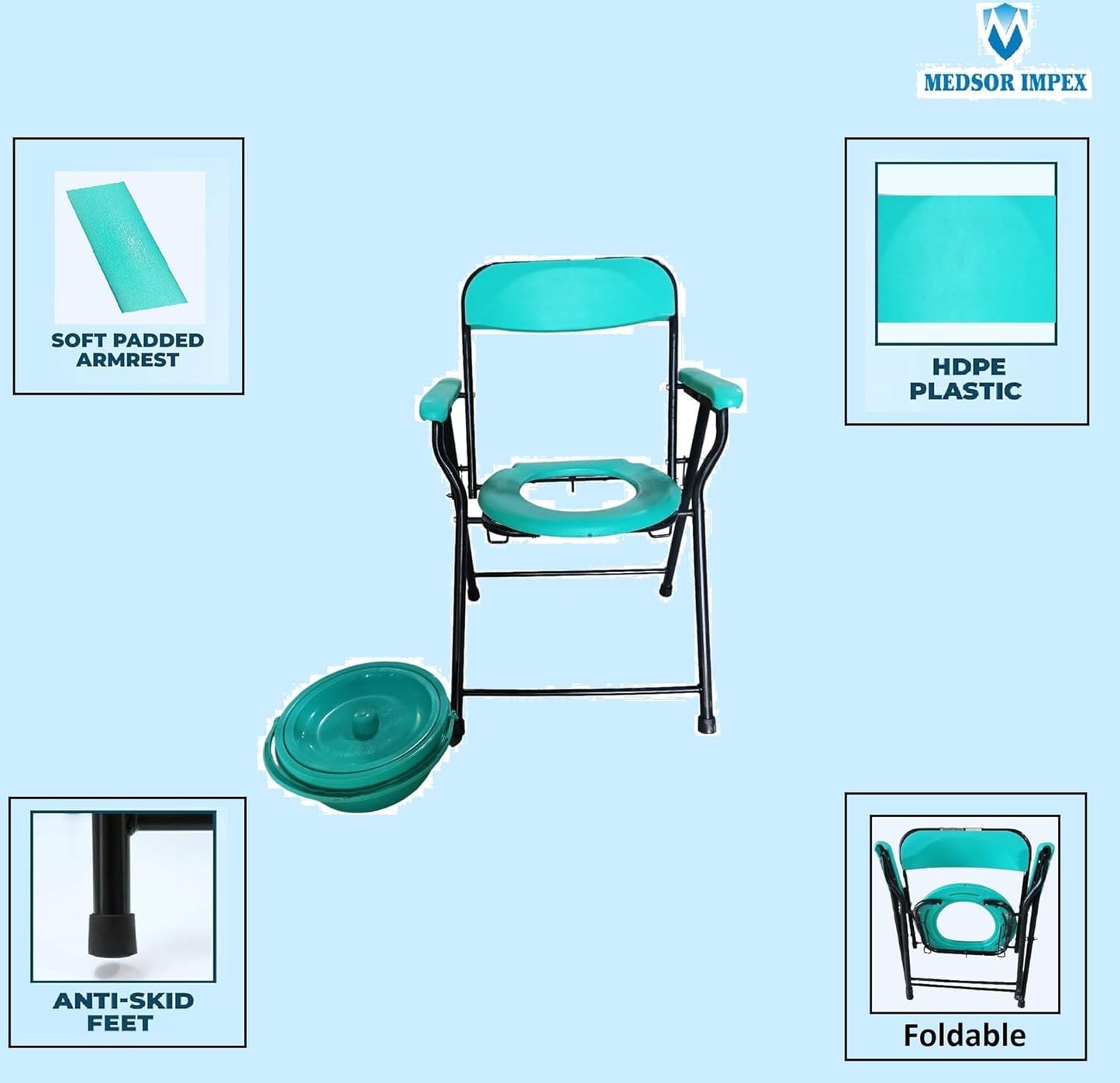 Sturdy Folding Commode Chair for Over Toilet or Bedside Comfortable Plastic Seat, Easy to Clean, Ideal for Seniors, Pregnant Women, and Disabled Individuals Oval Green (Powder Coated)