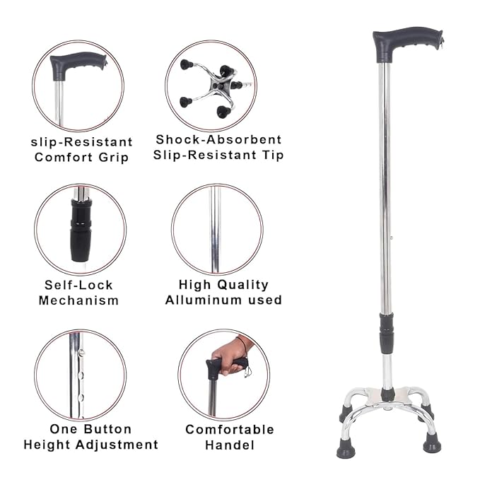 Quadripod Walking Stick with Adjustable Height for Elderly & Adults | Medsor Impex