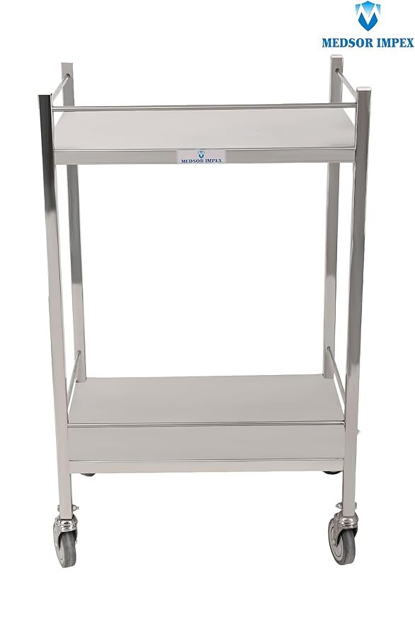 Medsor Impex Stainless Steel Instrument Trolley, Utility Cart with 2 Shelves with Castors