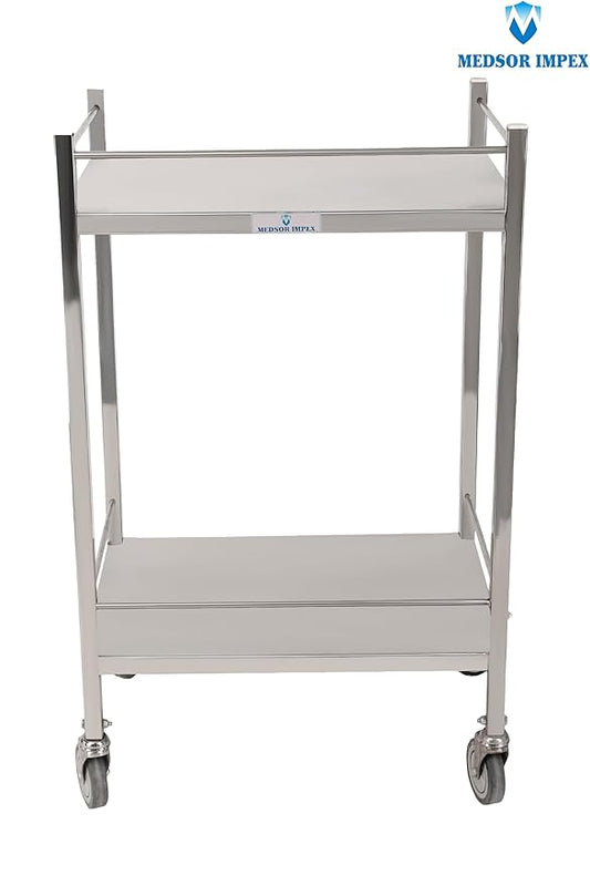 Medsor Impex Stainless Steel Instrument Trolley, Utility Cart with 2 Shelves with Castors