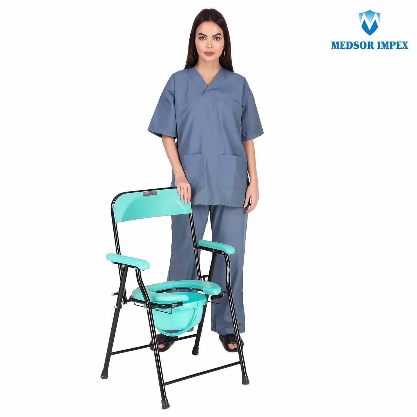 Folding Commode Over Toilet, Bedside Commode Chair, Sturdy, Comfortable & Easy to clean Plastic Seat, Suitable for Old People, Pregnant Women and Disabled Individuals (Halfcut Green Powder Coated, 100kg Weight Capacity)