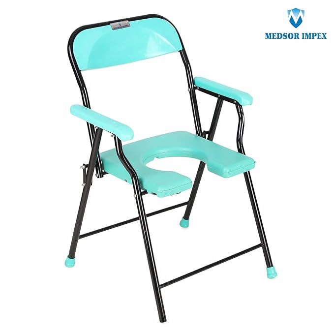 Medsor Impex Folding Commode Over Toilet, Bedside Commode Chair, Shower Seat with Removable Bucket, Sturdy, Comfortable & Easy to clean Plastic Seat, Suitable for Old People, Pregnant Women, Disabled Individuals
