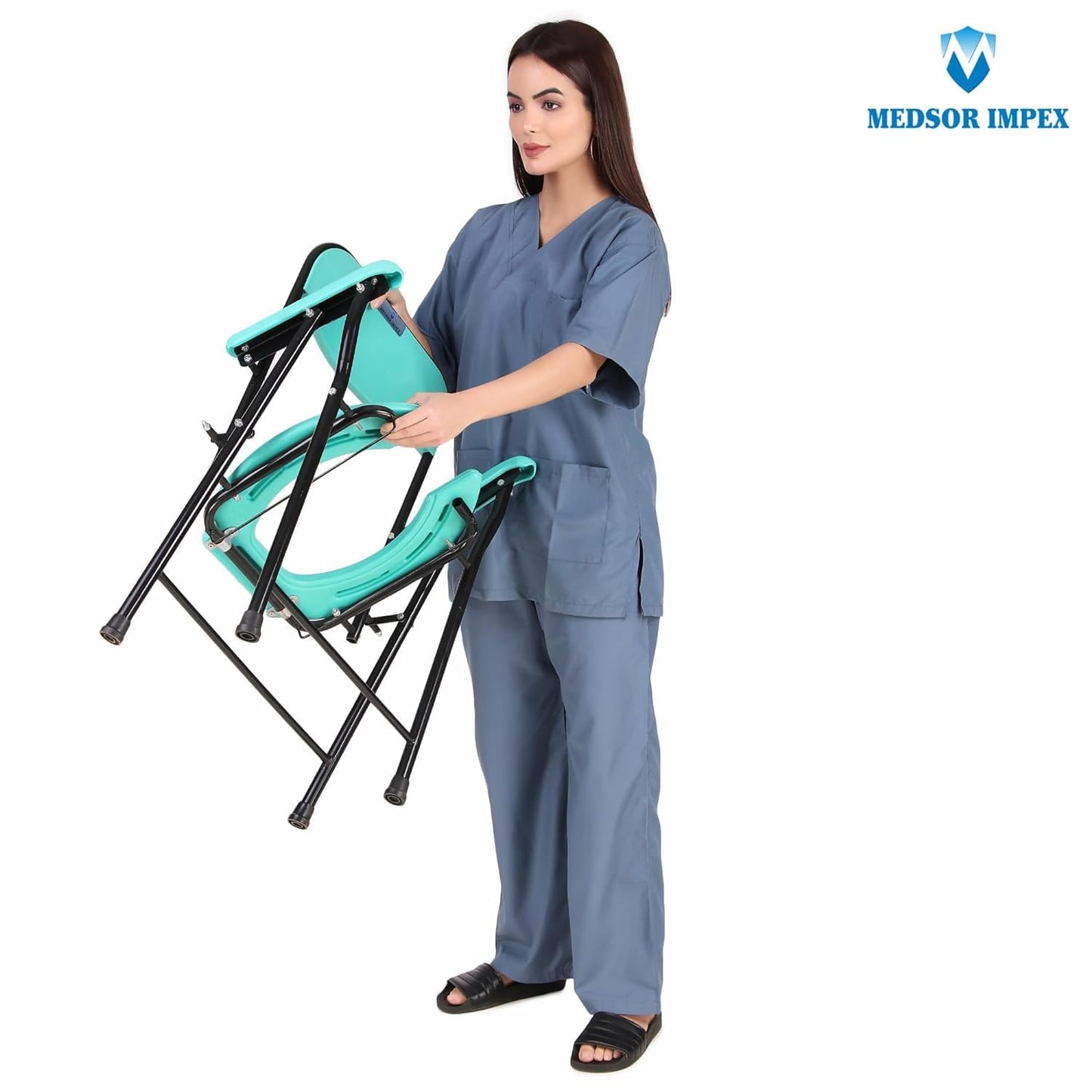 Folding Commode Over Toilet, Bedside Commode Chair, Sturdy, Comfortable & Easy to clean Plastic Seat, Suitable for Old People, Pregnant Women and Disabled Individuals (Halfcut Green Powder Coated, 100kg Weight Capacity)
