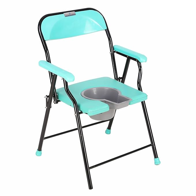 Medsor Impex Folding Commode Over Toilet, Bedside Commode Chair, Shower Seat with Removable Bucket, Sturdy, Comfortable & Easy to clean Plastic Seat, Suitable for Old People, Pregnant Women, Disabled Individuals