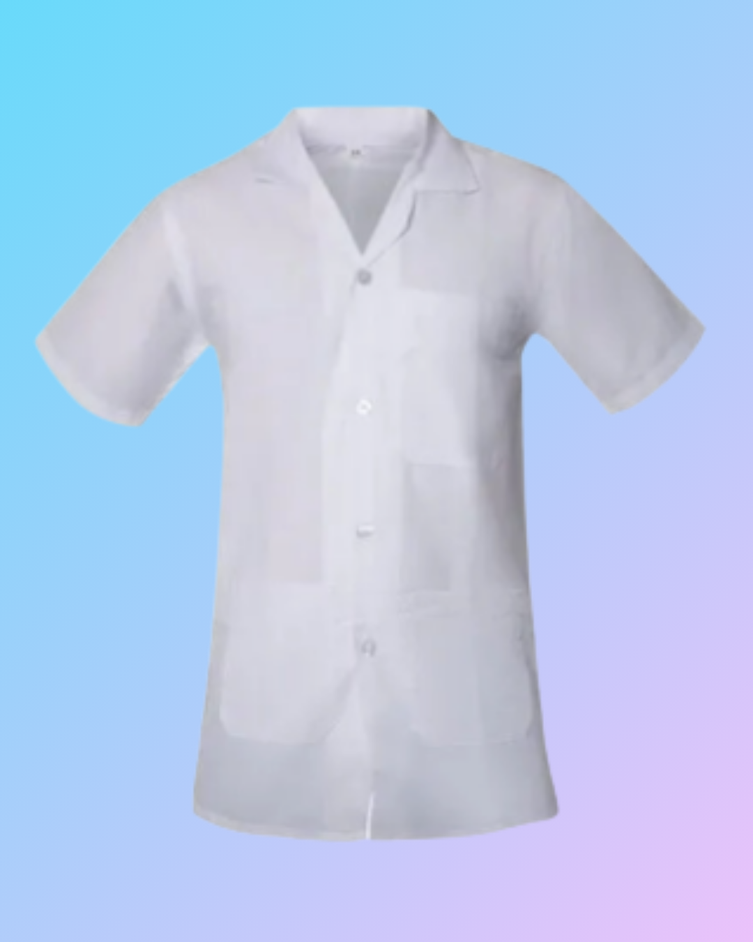 Half sleeves white doctor coat with front pockets, branded by My Store, displayed hanging on a hook.