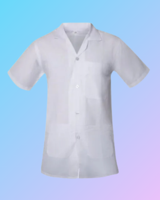Half sleeves white doctor coat with front pockets, branded by My Store, displayed hanging on a hook.