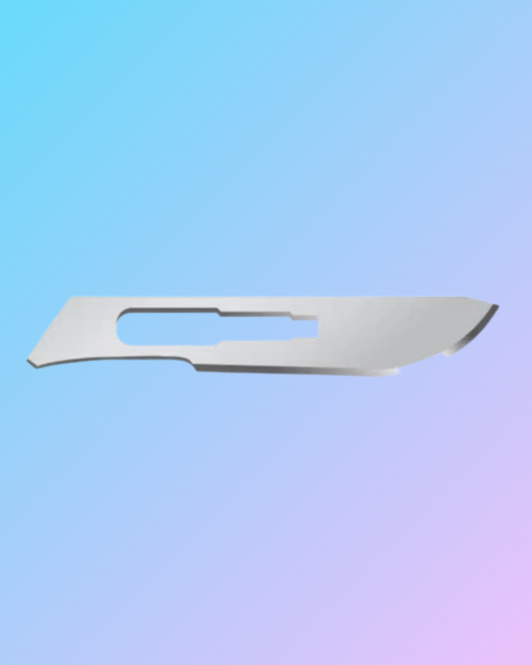 Surgical stainless steel blade with sharp edge, displayed on a clean surface, designed for medical or cutting applications.