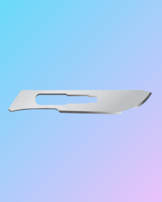 Surgical stainless steel blade with sharp edge, displayed on a clean surface, designed for medical or cutting applications.