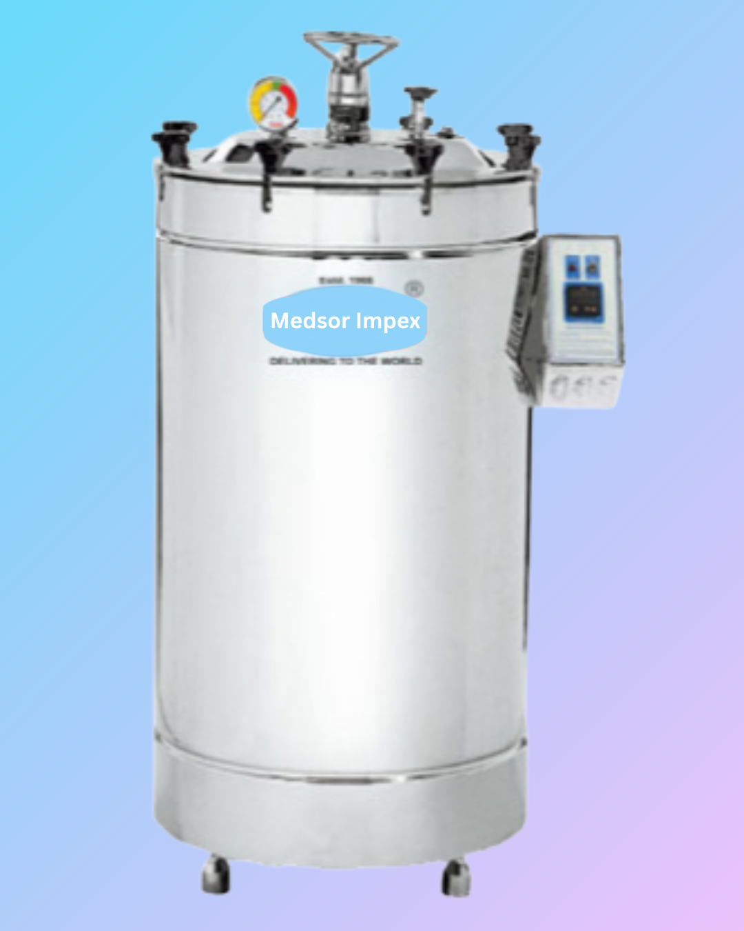 Vertical MAS AUVE 101 autoclave by My Store, single-wall semi-automatic sterilizer with digital controls, placed on a clean laboratory floor.