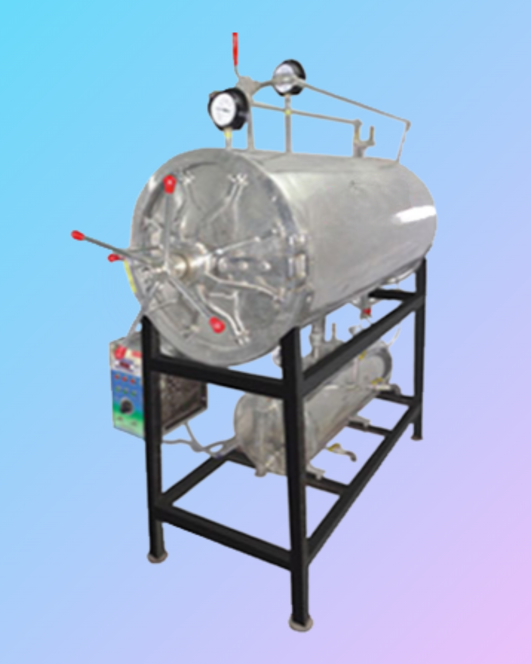 Horizontal autoclave cylinder by MAS AUHO 101 made of mild steel, shown on the factory floor in Sonepat, Haryana.