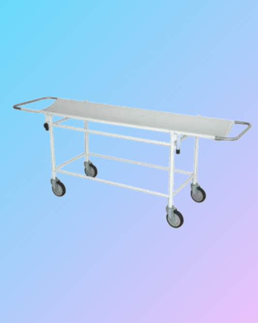 Stretcher on trolley with adjustable handles, used for patient transport in medical settings, in a clinical environment