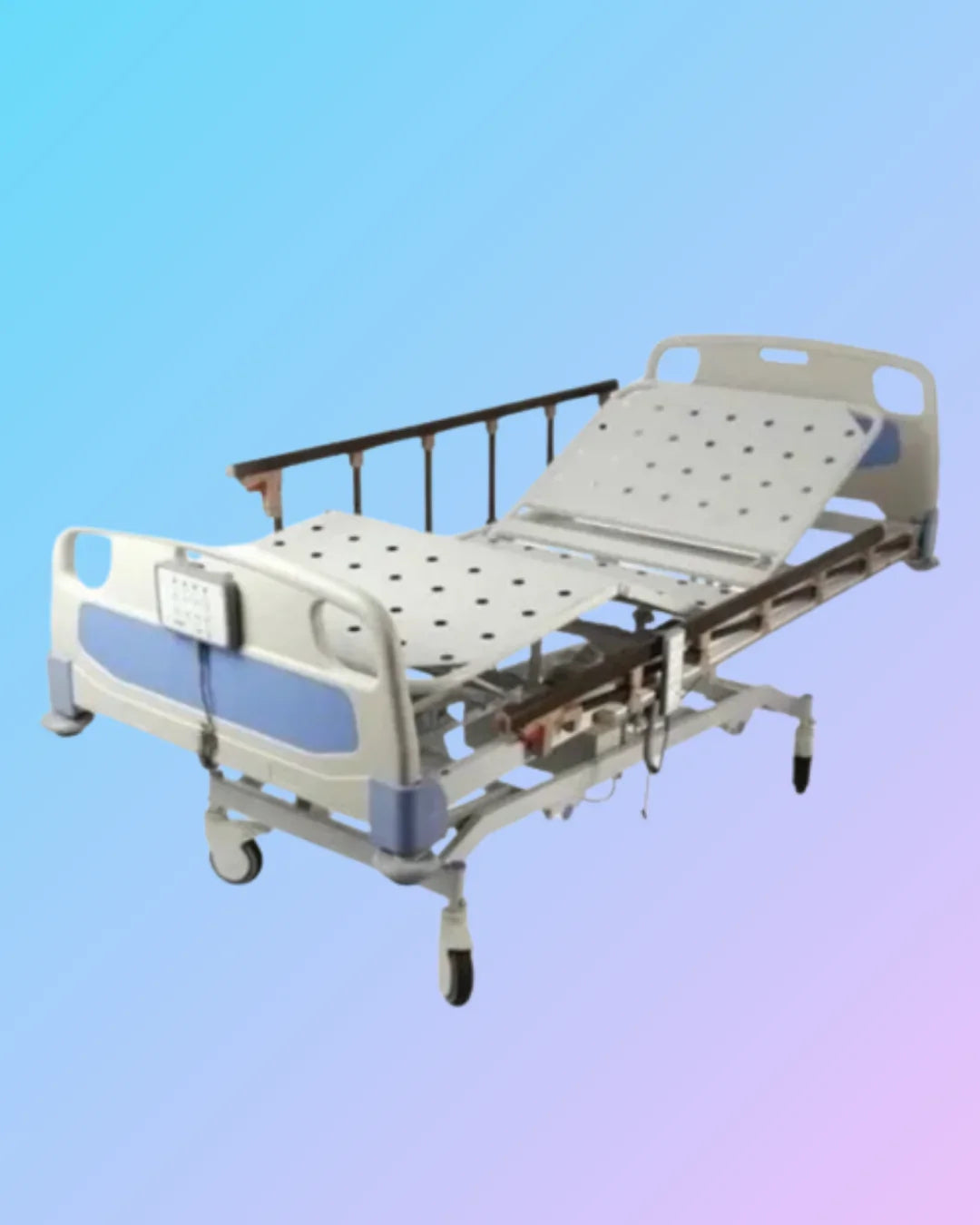 Adjustable ICU bed with side rails and control panel, designed for medical use in a hospital setting.