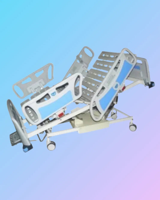 Electric hospital ICU bed with adjustable side rails and control panel, designed for intensive care units.