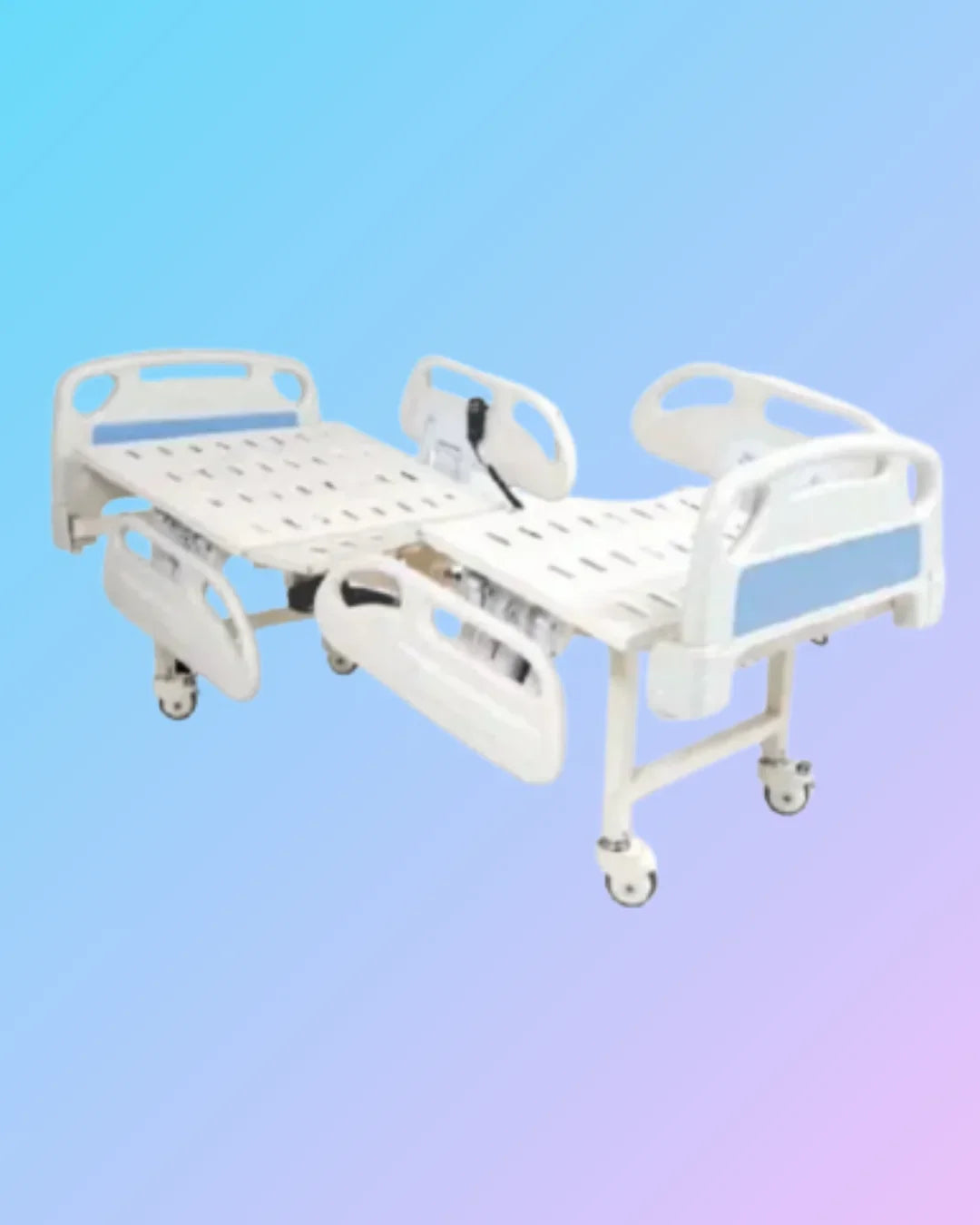 Electric hospital Fowler bed with adjustable head and foot sections, featuring side rails and controls for patient comfort.