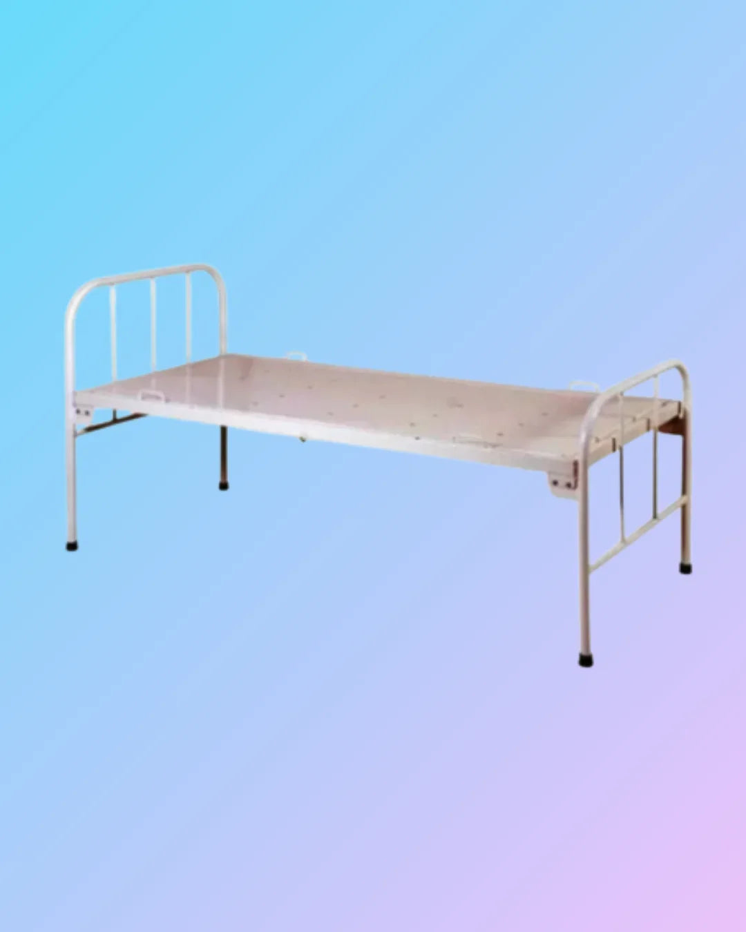 Plain hospital isolation bed with adjustable side rails and mattress, designed for medical use in healthcare facilities.