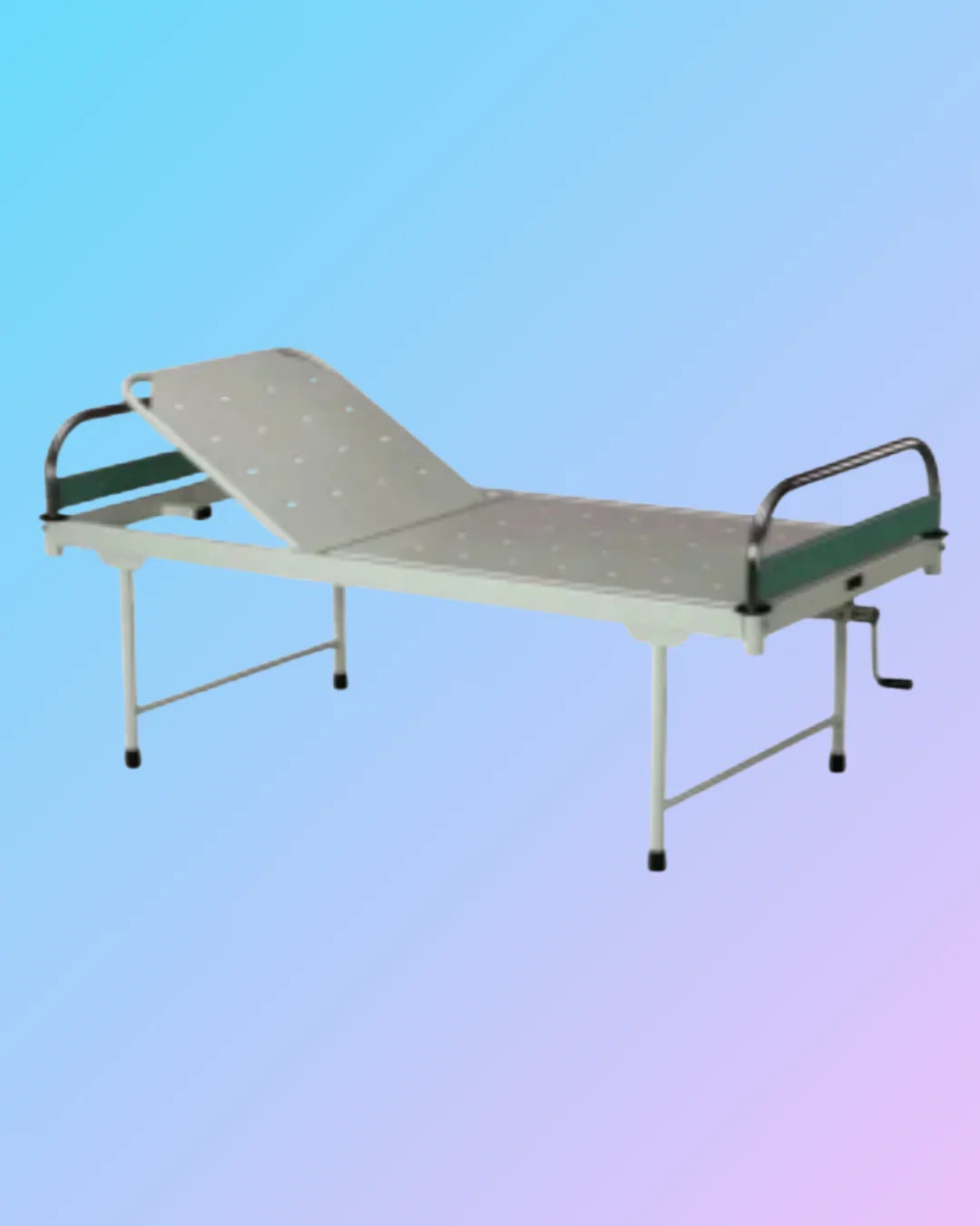 Semi Fowler hospital bed with adjustable head and foot sections, featuring side rails and a sturdy frame, designed for patient comfort.