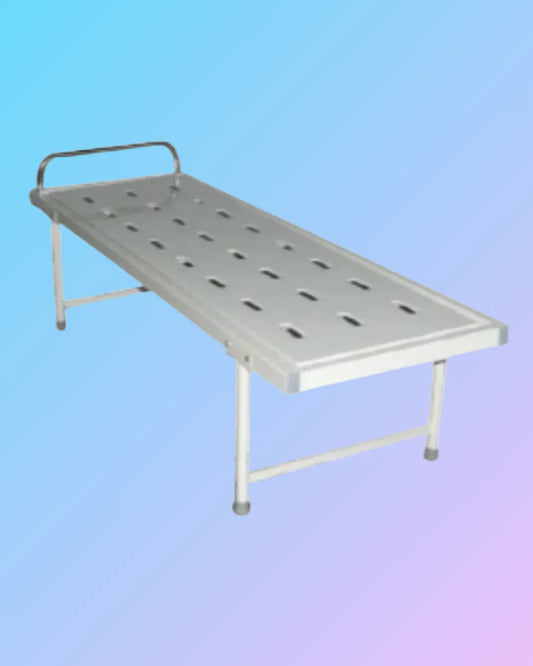 Hospital attendant bed with adjustable side rails and wheels, designed for patient care and comfort.