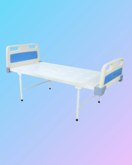 Mild steel hospital bed with adjustable side rails and headrest in a clinical setting, manufactured by My Store.
