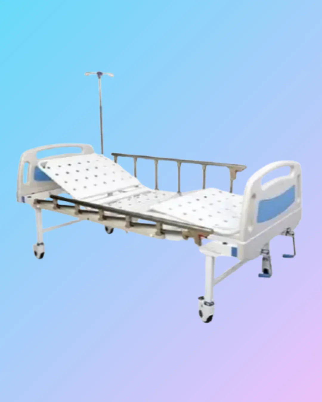 Manual ICU hospital bed with adjustable side rails and head/foot sections, designed for patient care and comfort.