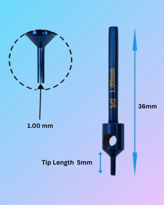 Close-up of a titanium FUE 1.0mm punch used for hair transplant by My Store, showing the ultra-sharp, precise surgical tool.