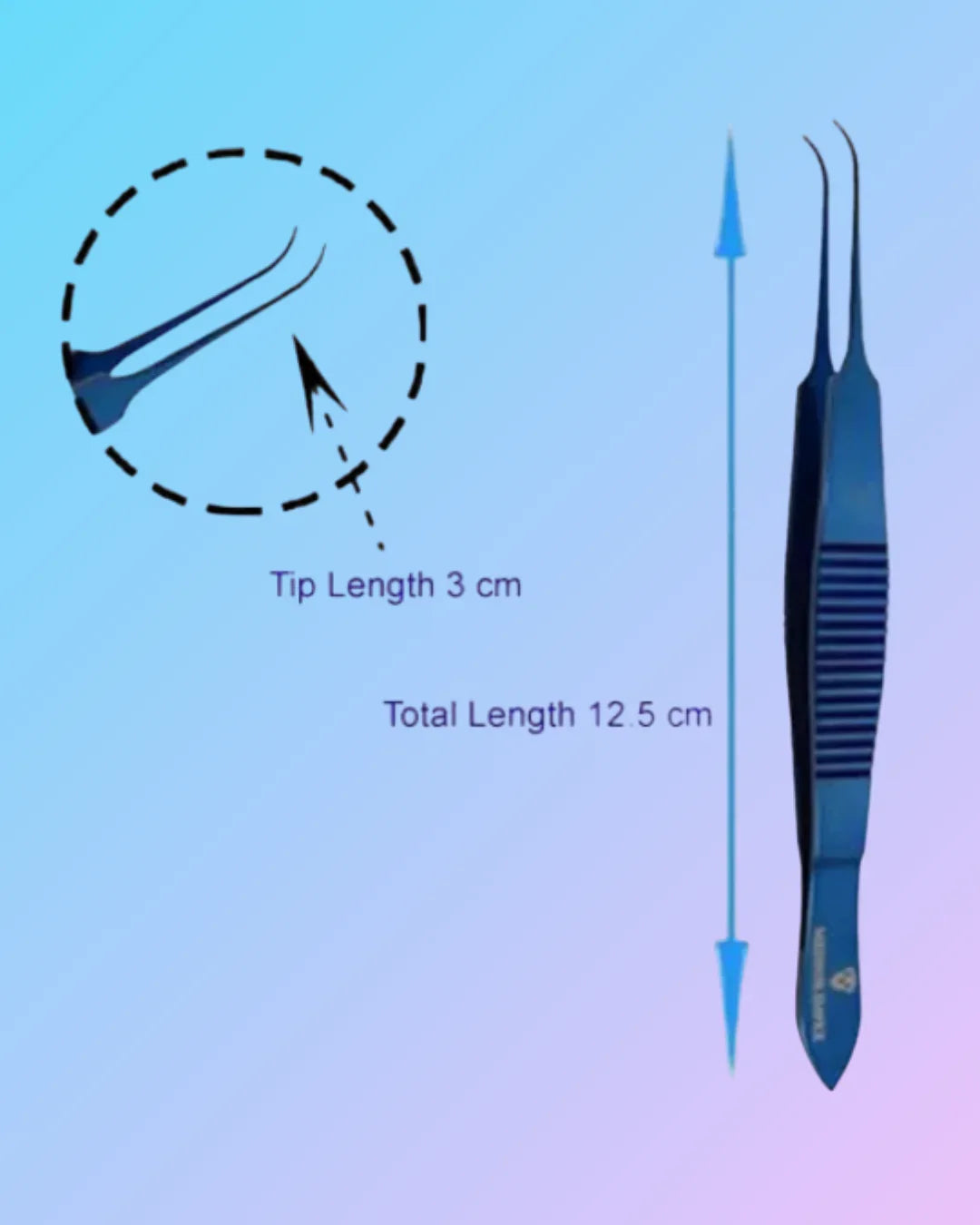 Curved titanium forceps for hair transplant, 12.5-5 cm, used for precise handling during hair restoration procedures.