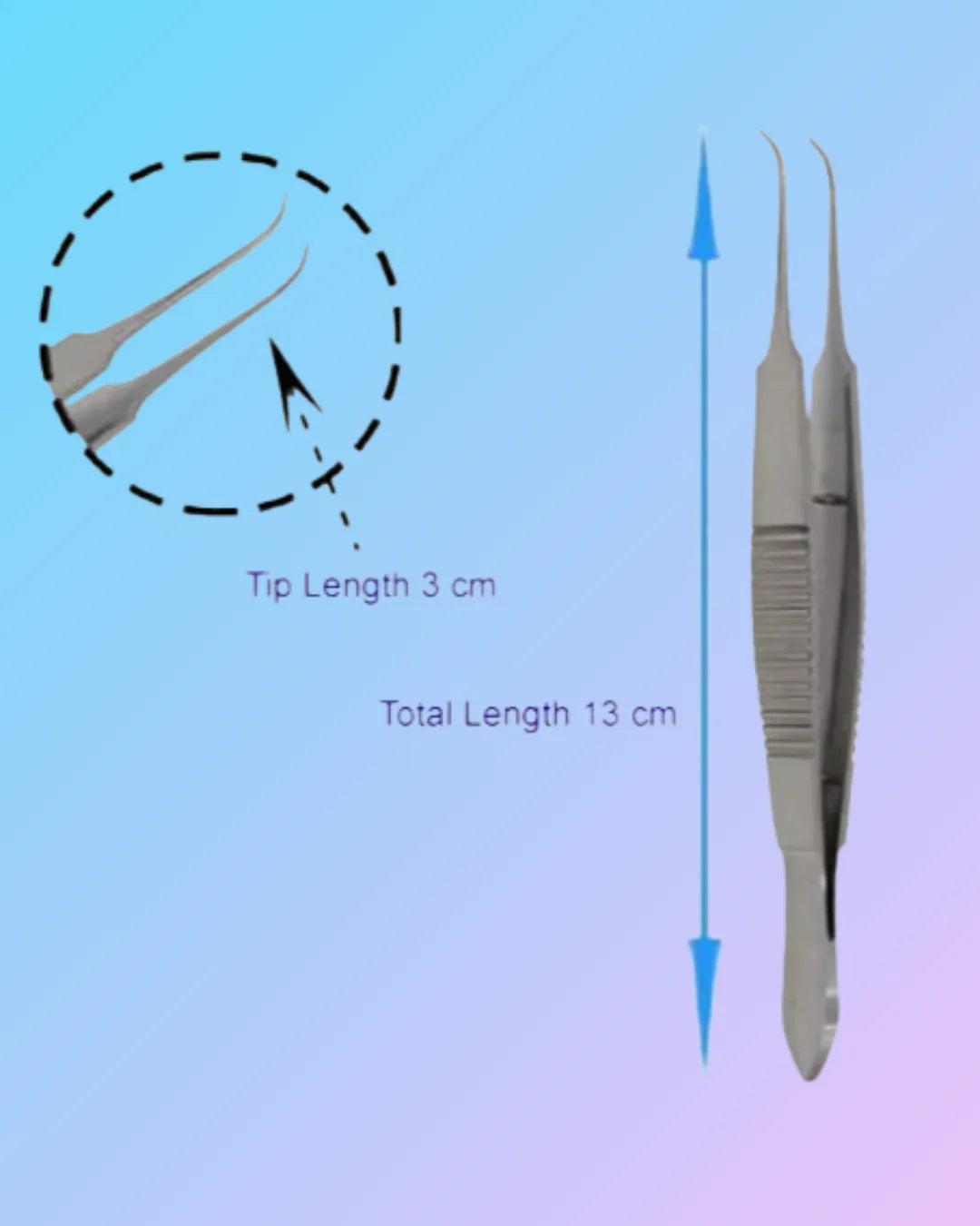 Curved stainless steel hair transplant forceps, 13.5 cm, used for precision in hair restoration procedures.