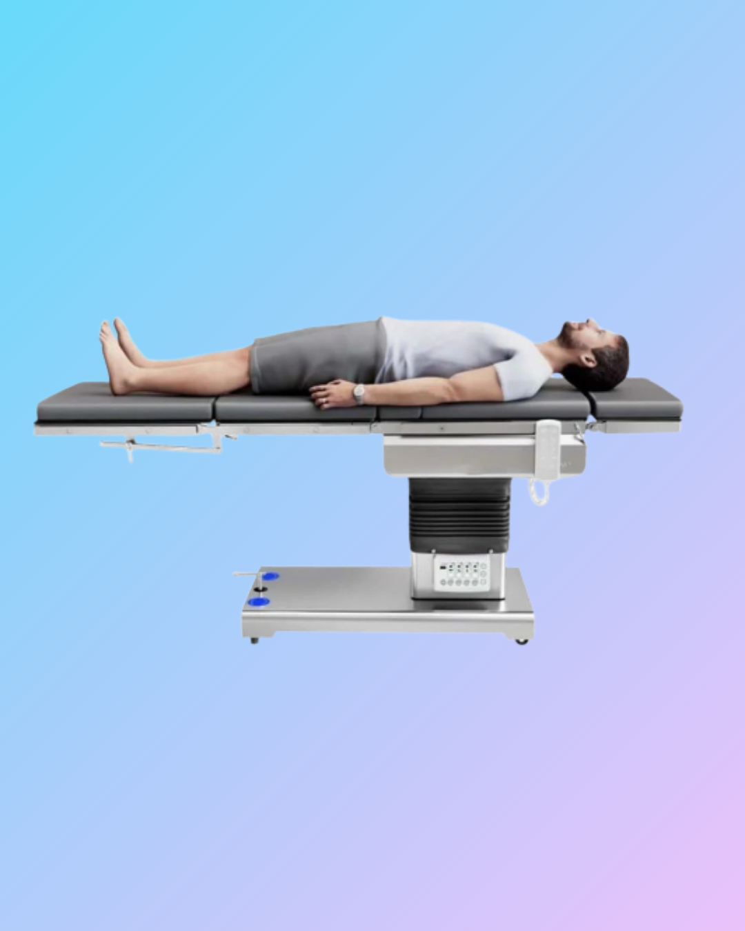 Electro hydraulic C-arm compatible electric OT table with 4 functions, featuring adjustable surface and sturdy construction.